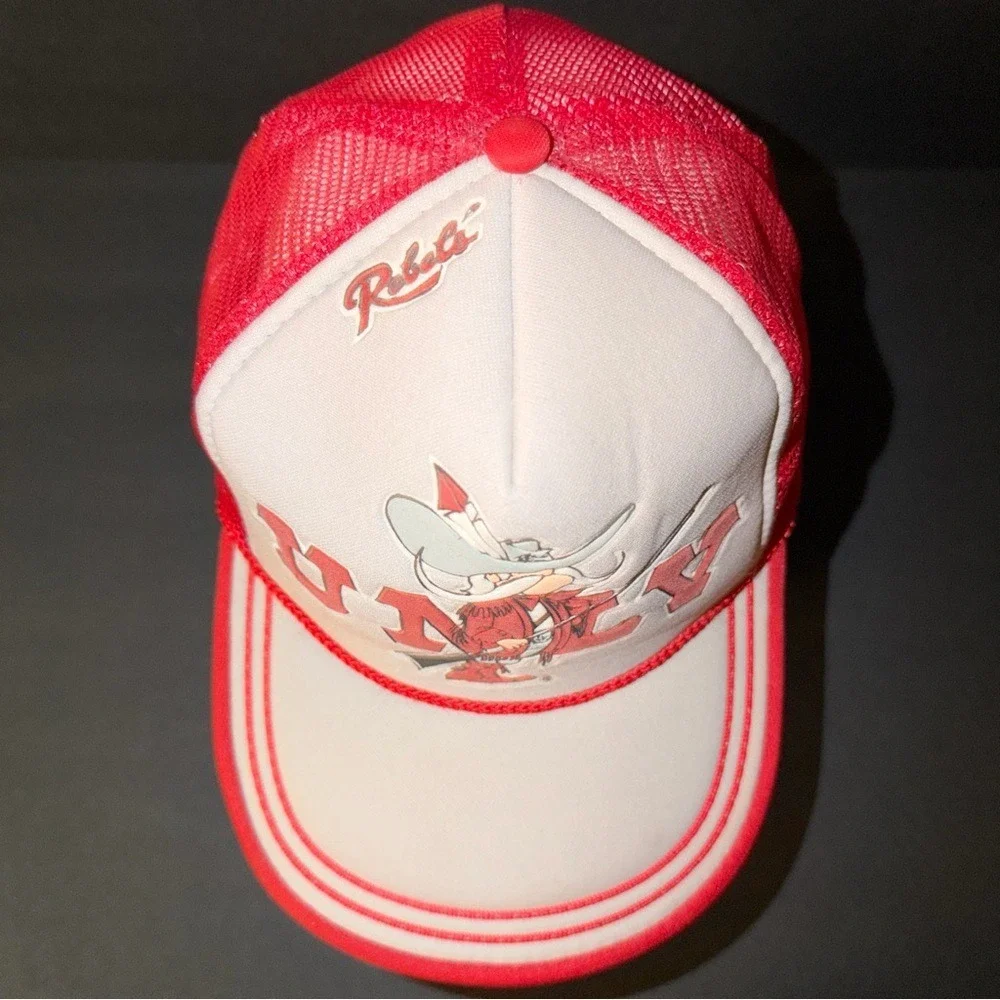 Vintage UNLV Rebels Trucker Hat‎ Hey Reb Mascot Mesh Snapback Red White NCAA Hat